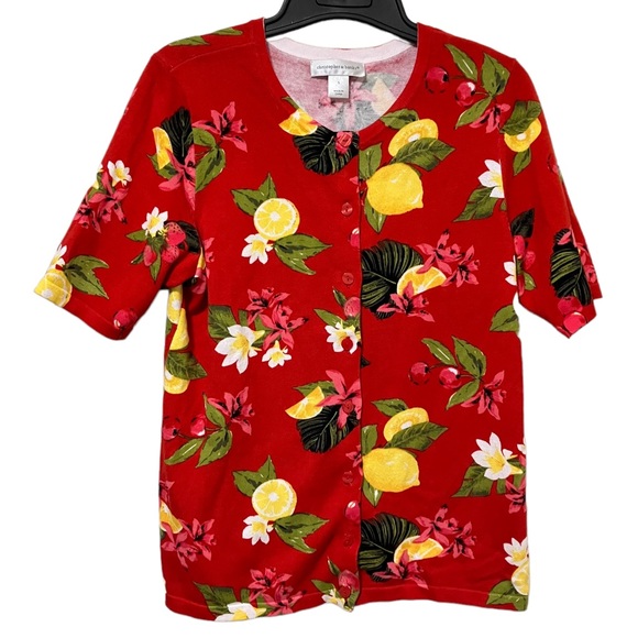 Christopher & Banks Cardigan Button Down Short Sleeves Sweater Floral & Lemons - Picture 1 of 7